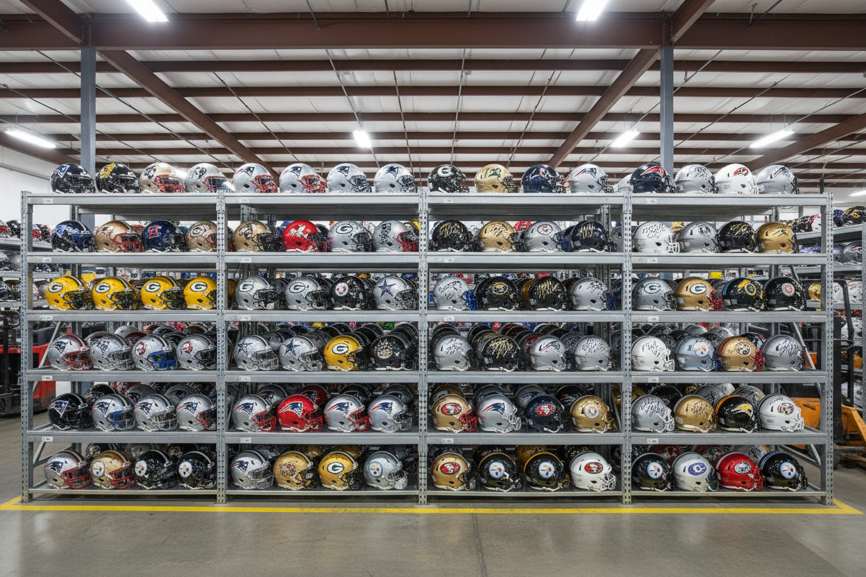 warehouse shelves full with signed NFL helmets